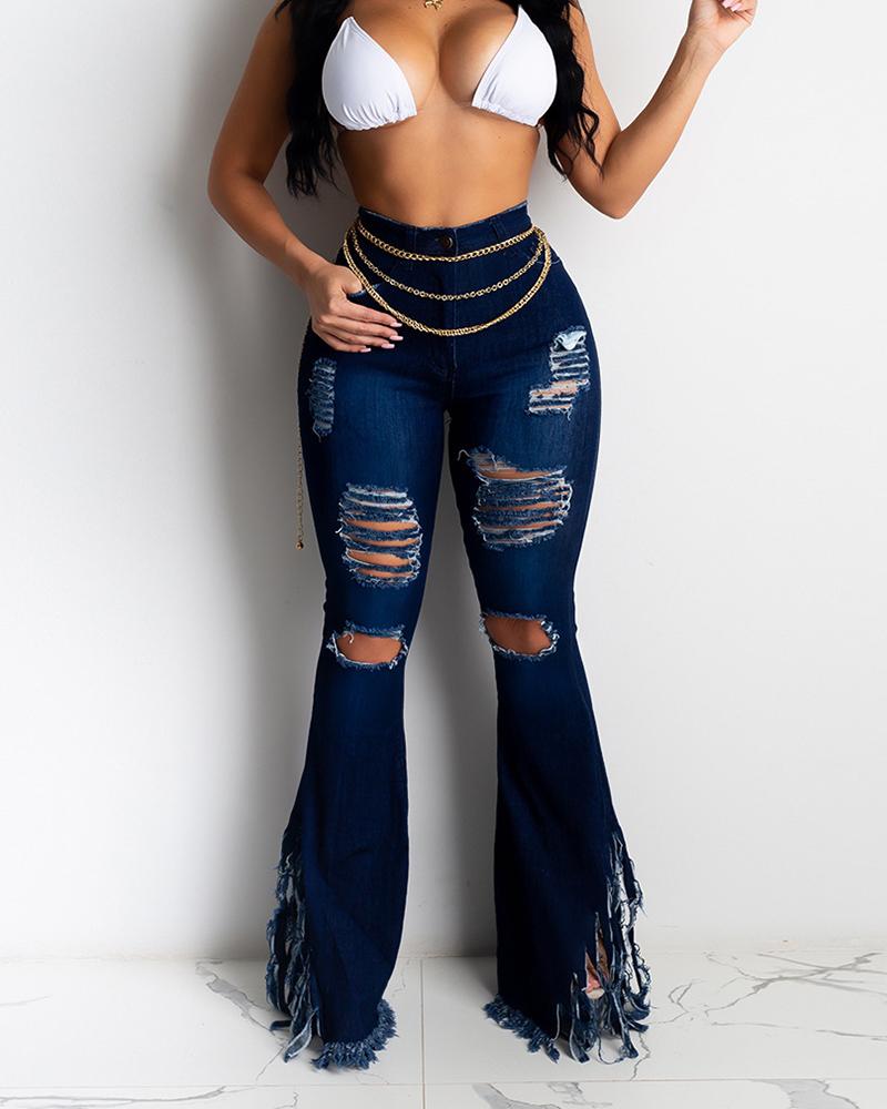 

Tassel Ripped Skinny Flared Jeans, Dark blue