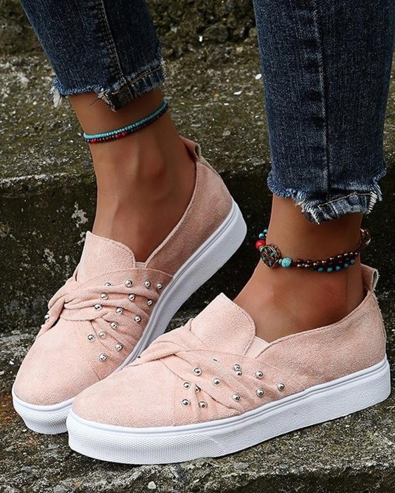 

Round-toe Suede Leather Splicing Studded Slip-on, Pink