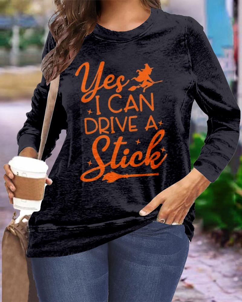 

Plus Size Halloween Graphic Letter Print Long Sleeve Top, Black