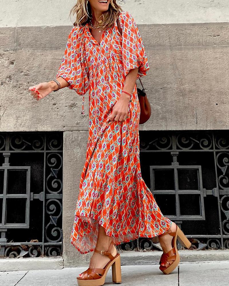 

Tribal Print Lantern Sleeve Maxi Dress, Orange