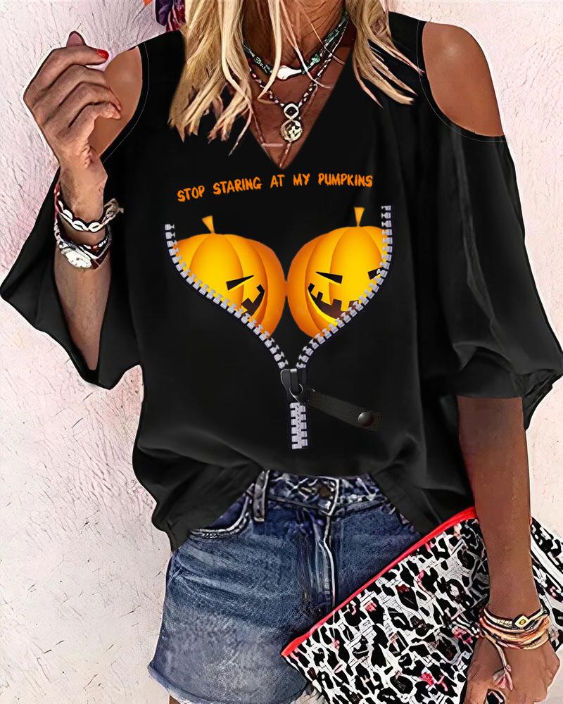 

Halloween Pumpkin Print Cold Shoulder Top, Black