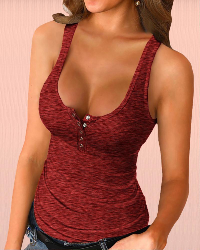 

U-Neck Snap Button Ribbed Tank Top, Wine red