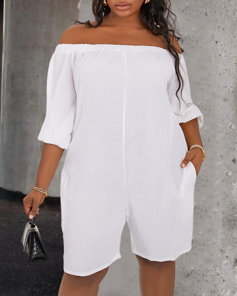

Plus Size Off Shoulder Pocket Design Casual Romper, Beige