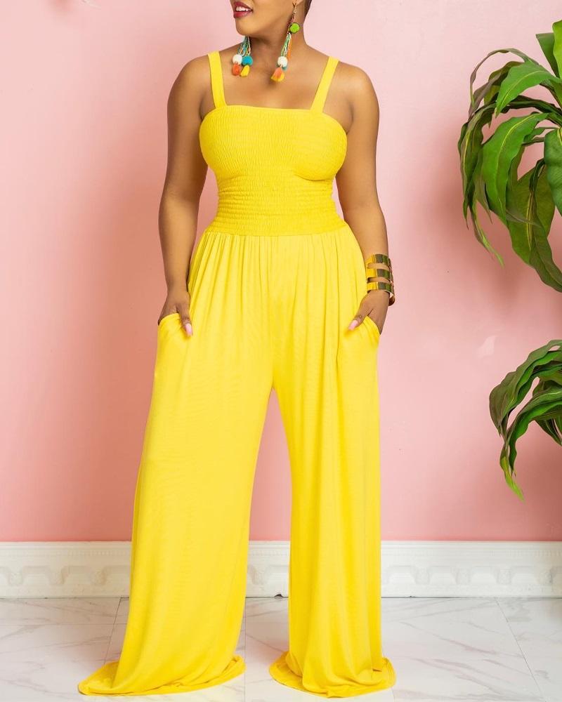 

Sleeveless Shirred Wide Leg Jumpsuit, Yellow