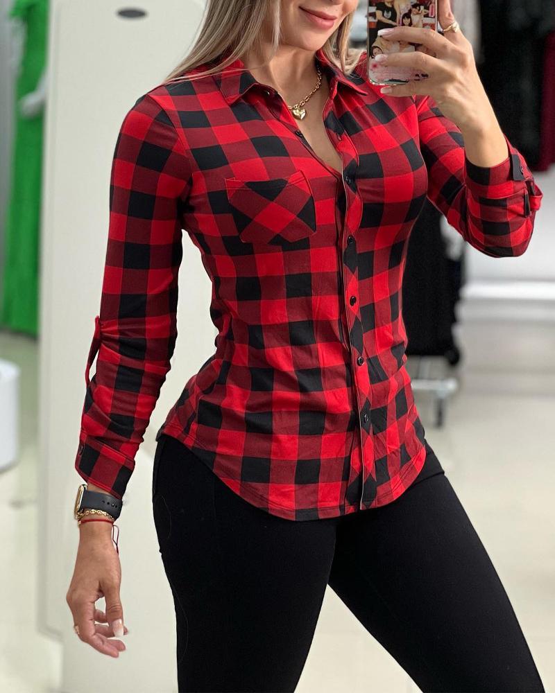 

Plaid Print Long Sleeve Button Down Shirt, Red