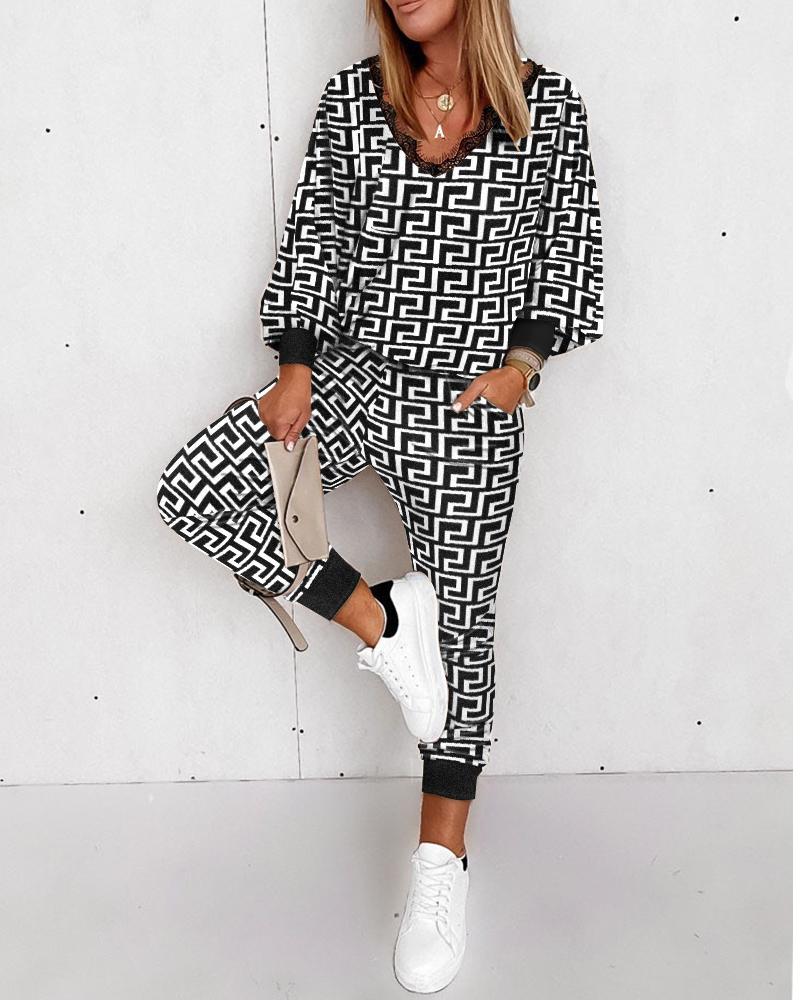 

Geo Print Lace Trim Lantern Sleeve Top & Pants Set, Blackwhite