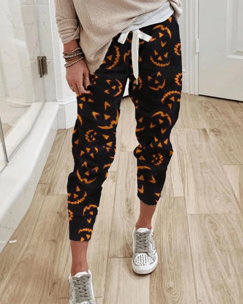 

Halloween Pumpkin Pattern Print Drawstring Pants, Black