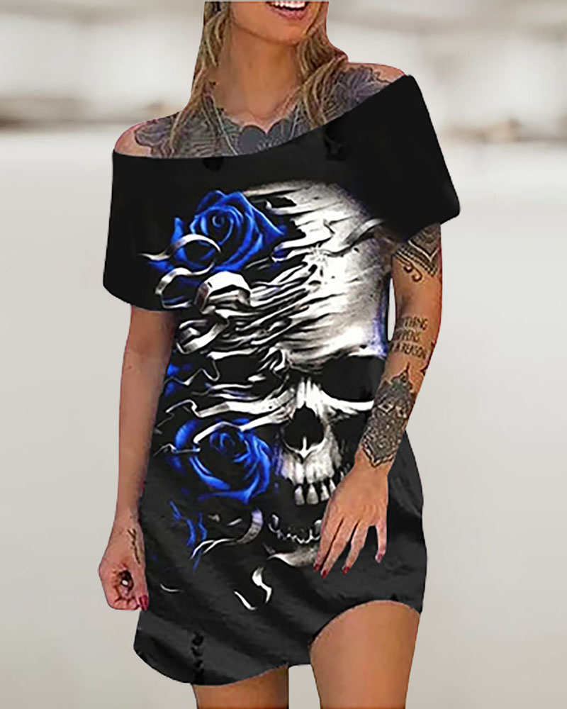 

Halloween Skull Floral Print Short Sleeve T-shirt Dress, Black