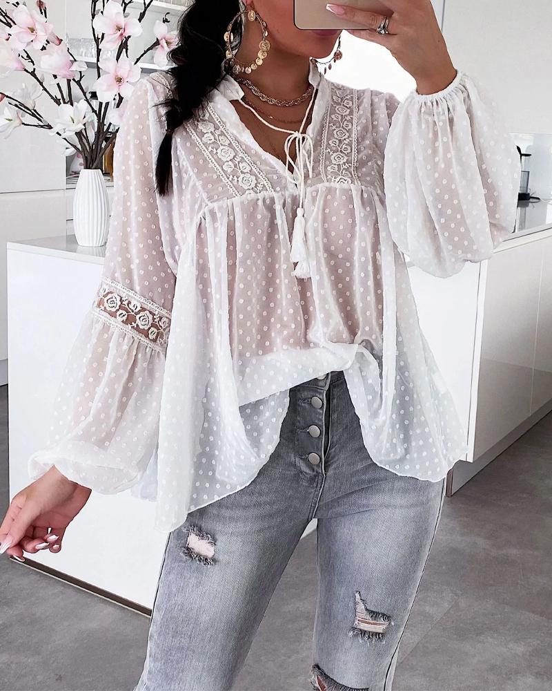 

Lantern Sleeve Lace Patch Swiss Dot Flowy Chiffon Top, White