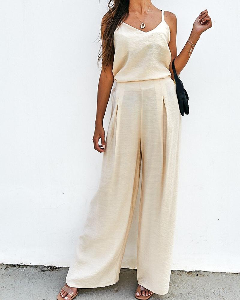 

Sleeveless Top & High Waist Wide Leg Pants Set, Beige