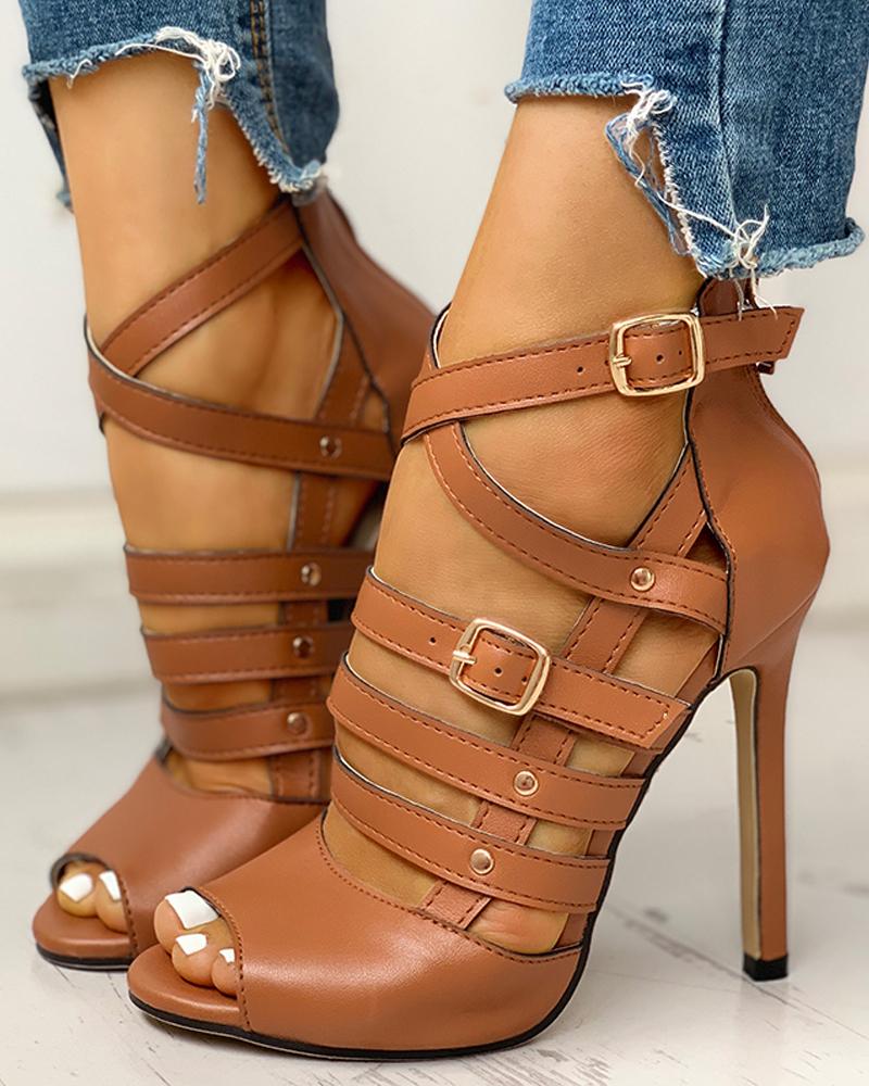 

Solid Hollow Out Ankle Strap Thin Heeled Sandals, Brown