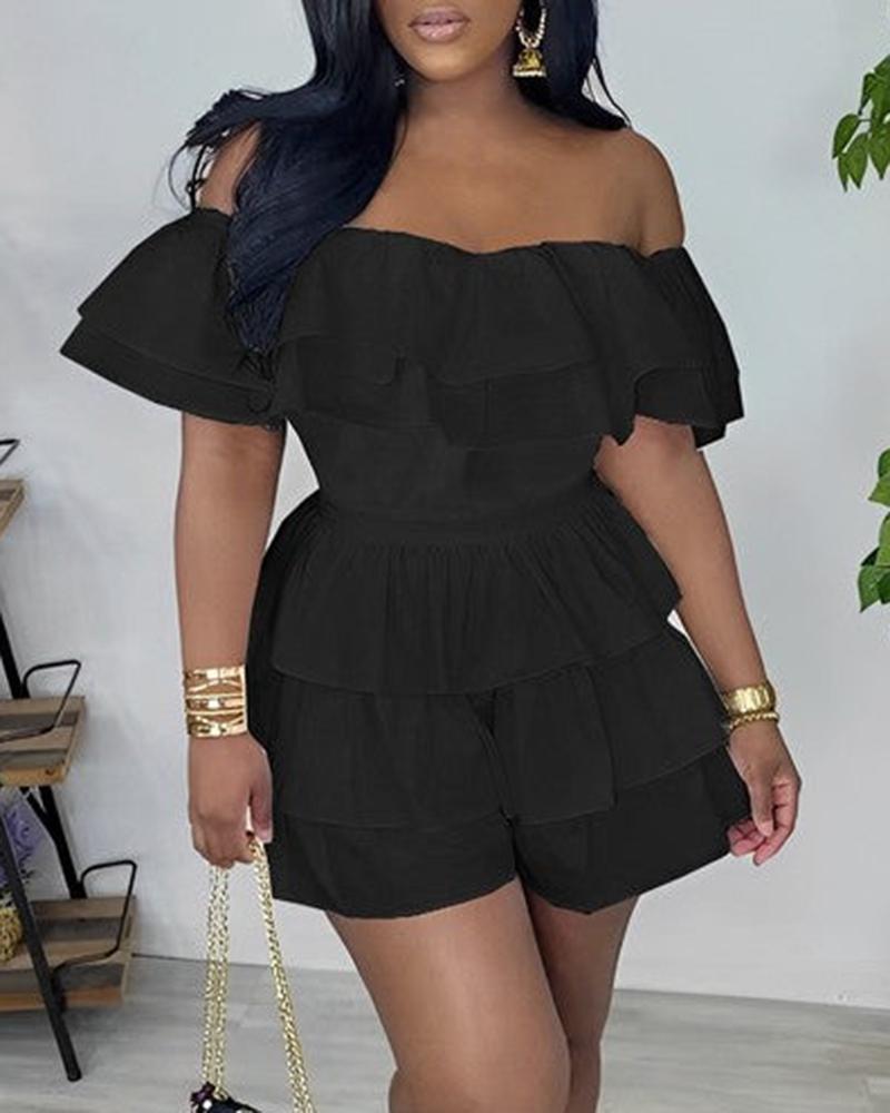 

Off Shoulder Layered Ruffles Romper, Black