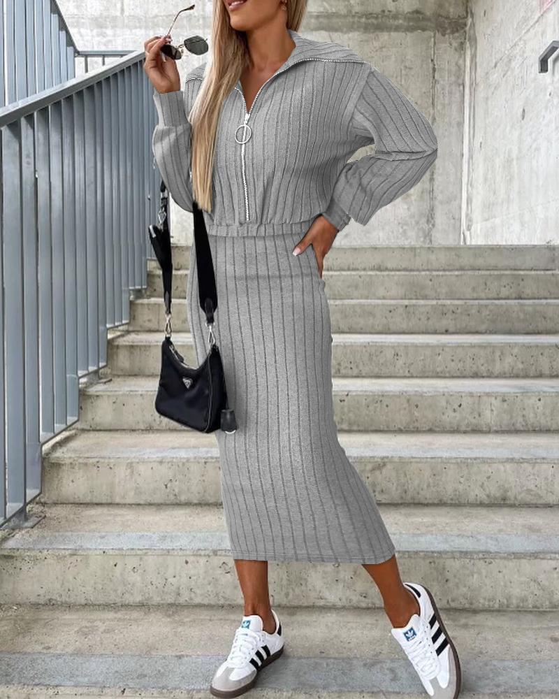 

Zipper Design Top & Sleeveless Dress Set, Gray