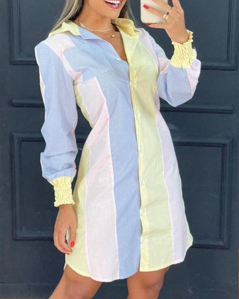 

Multicolor Striped Long Sleeve Shirt Mini Dress, Style1