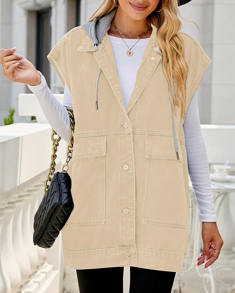 

Colorblock Cap Sleeve Drawstring Hooded Denim Coat, Khaki