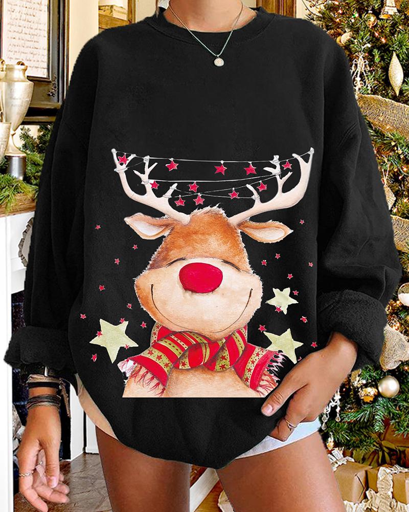 

Christmas Long Sleeve Elk Star Print Sweatshirt, Black