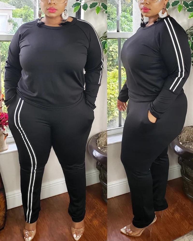 

Plus Size Contrast Paneled Long Sleeve Top & Pants Set, Black
