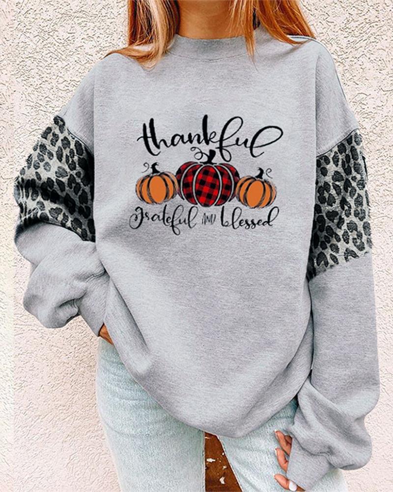 

Halloween Pumpkin Letter Leopard Print Long Sleeve Sweatshirt, Gray