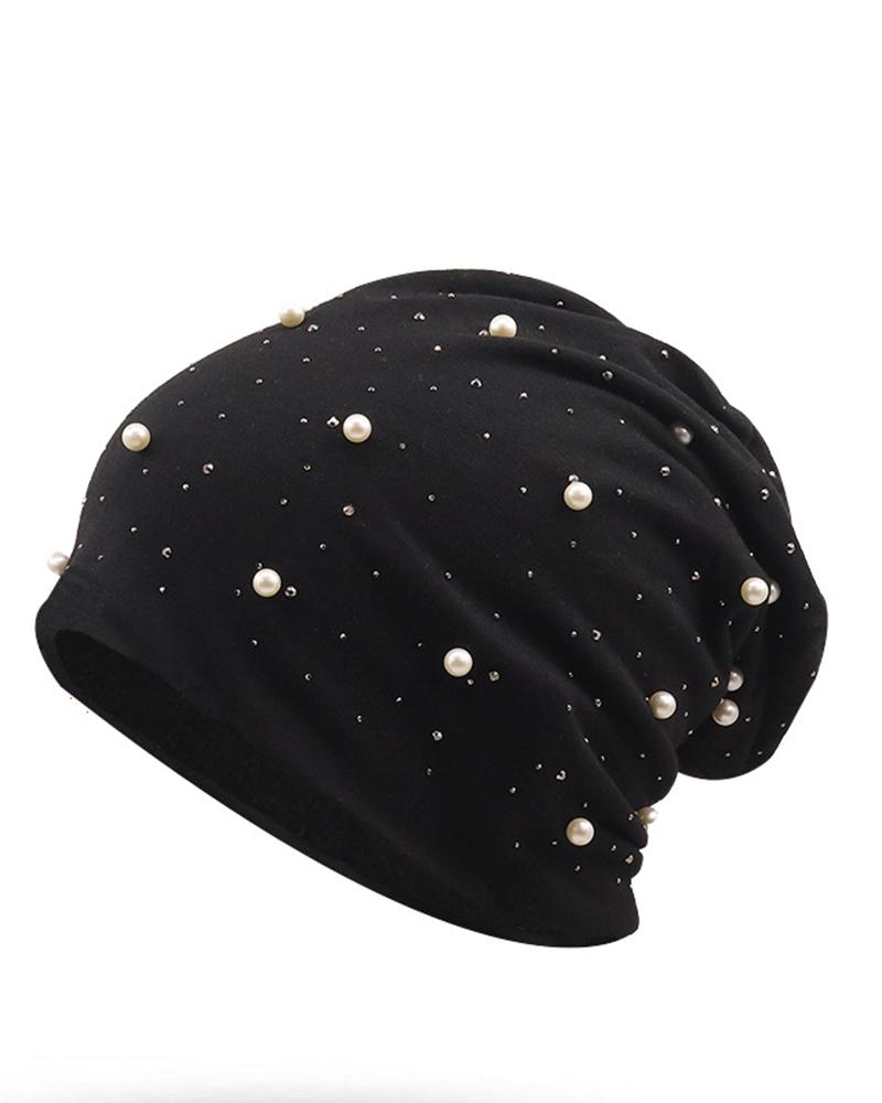 

Women's Beanie Slouchy Outdoor Dailywear Casual Rhinestone Pearls Decor Fall Winter Hat, Black