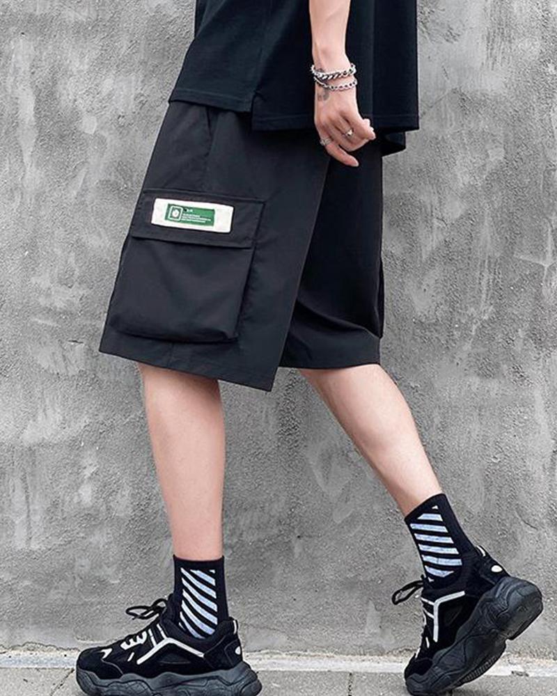 

Solid Logo Patch Loose Shorts, Black