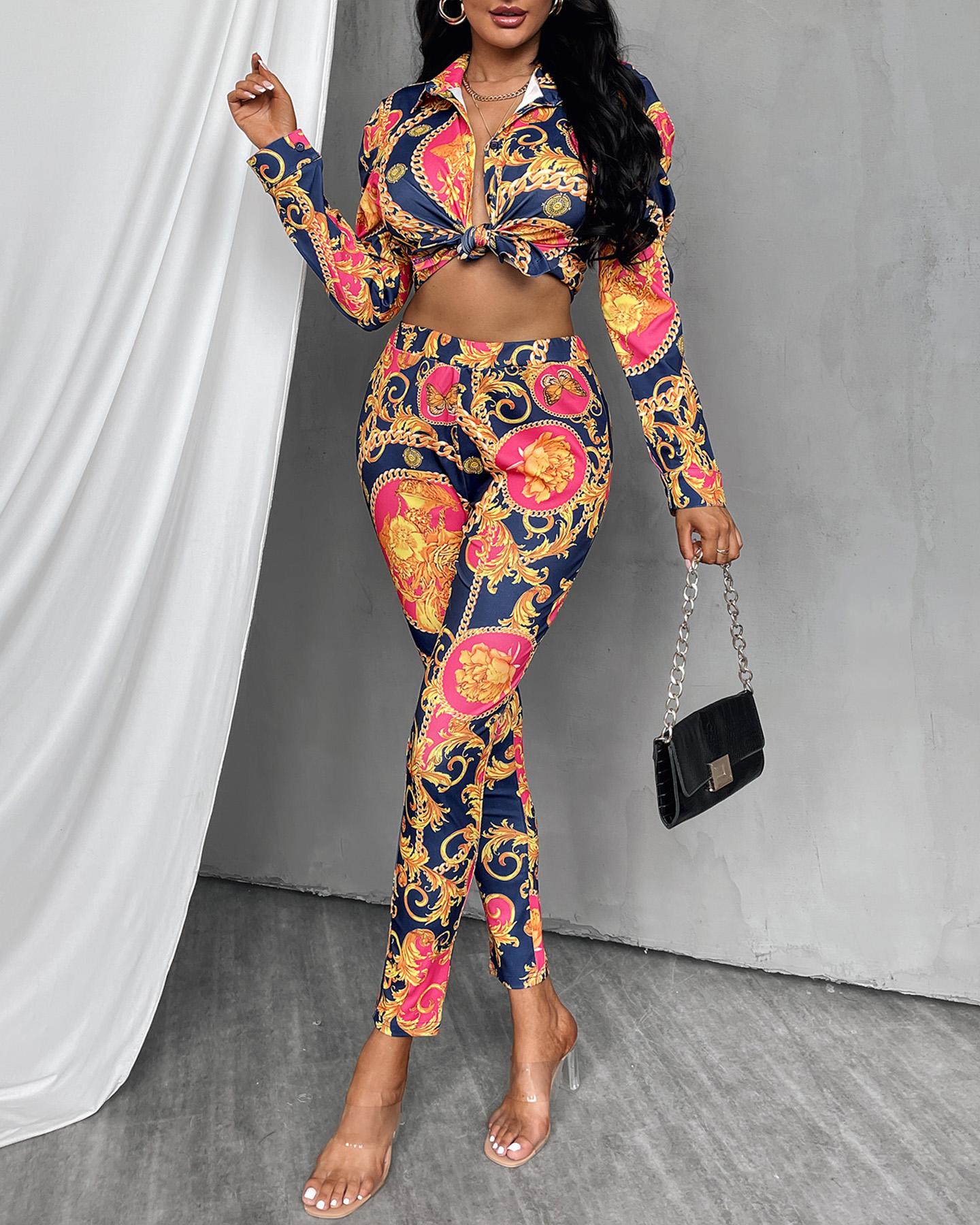 

Scarf Print Draped Detail Button Up Top & Skinny Pants Set, Hot pink