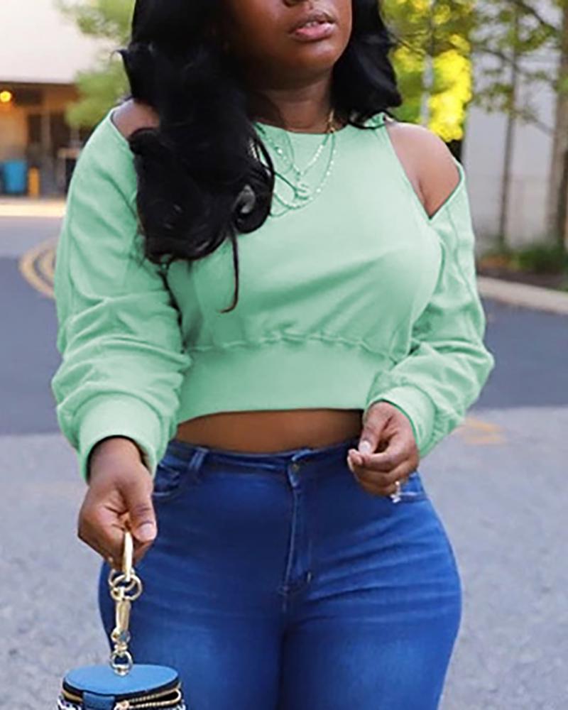 

Cold Shoulder Cutout Back Crop Sweatshirt, Green