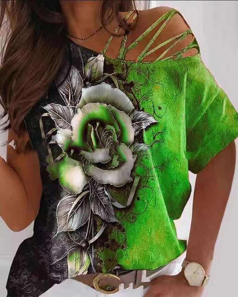 

Rose Print Hollow-out Short Sleeve T-shirt, Green