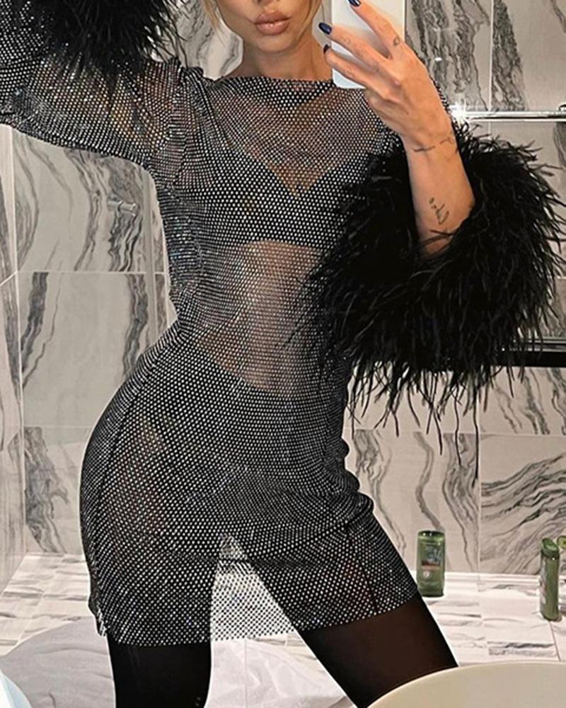 

Feather Detail Sheer Mesh Glitter Party Dress, Black