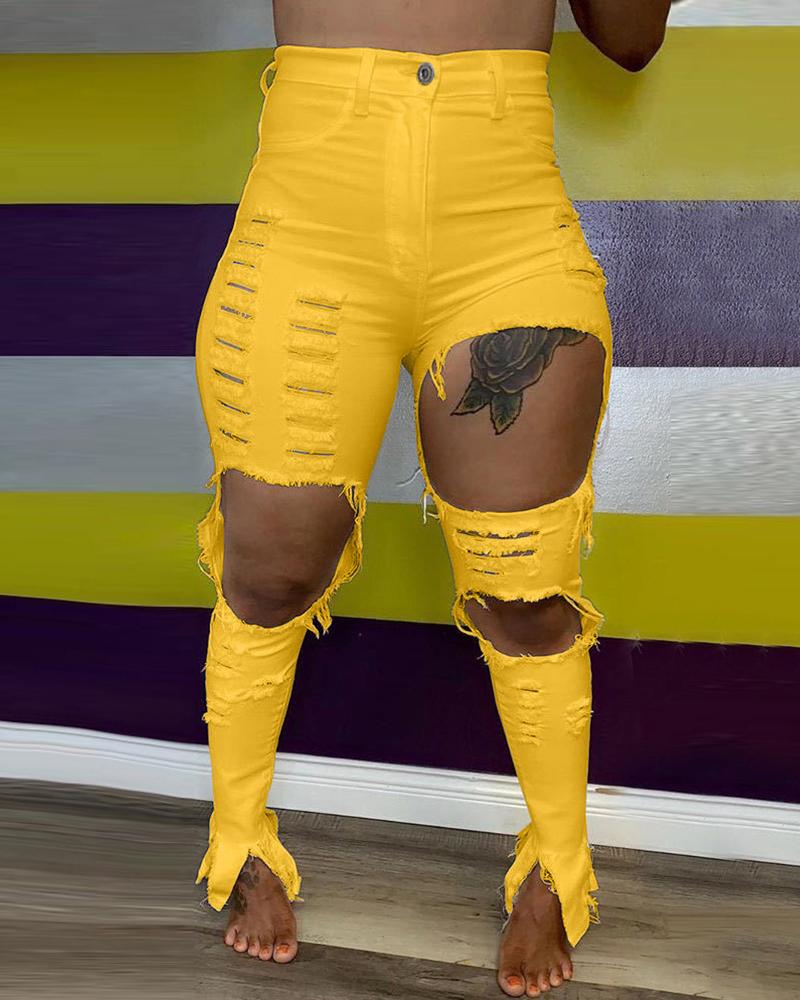 

Ripped Cutout Fringe Hem Single Button Jeans, Yellow