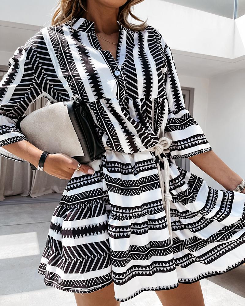

Boho Style Lace-up All Over Print Half Sleeve Mini Dress, Black