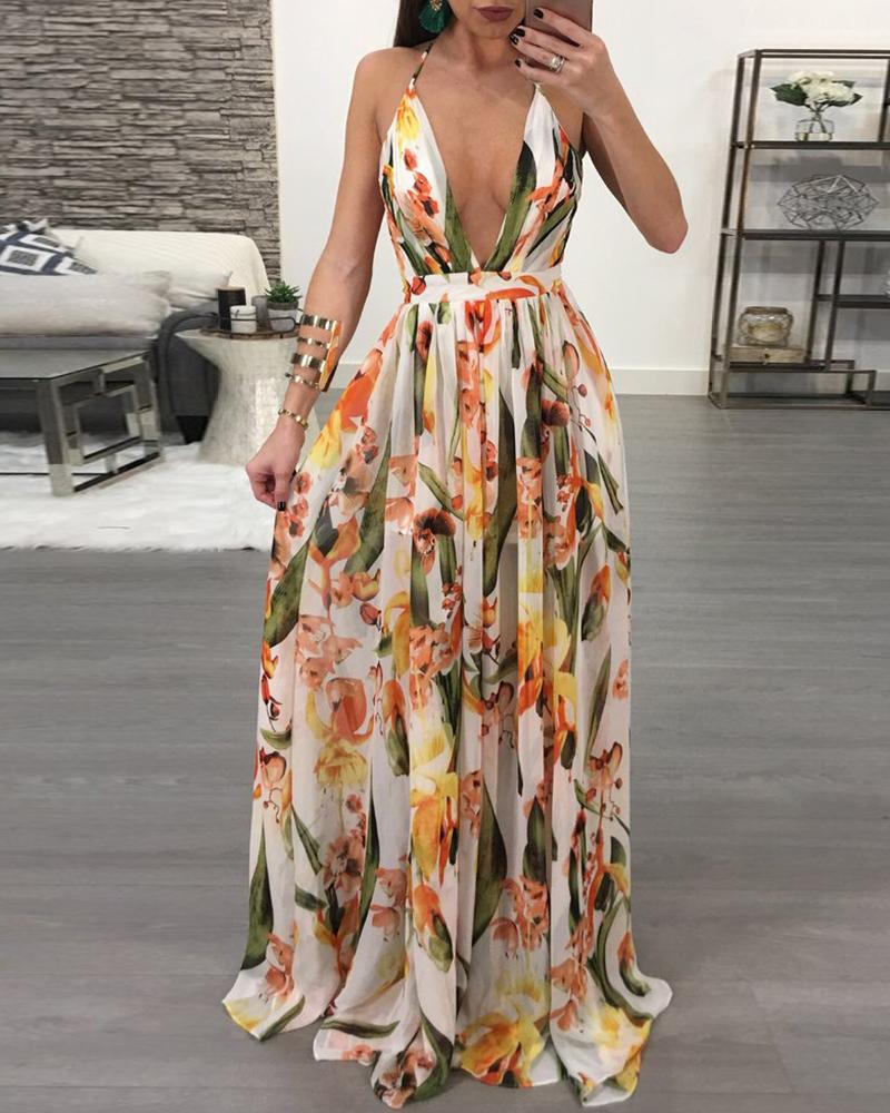 

Floral Print Pleated Backless Slip Maxi Dress, Yellow