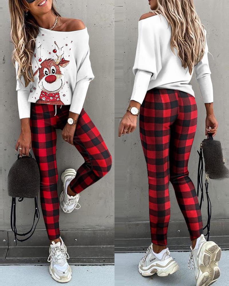

Christmas Batwing Sleeve Top & Plaid Drawstring Pants Set, Red