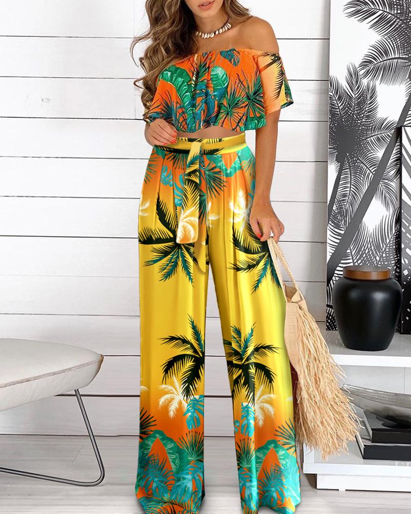 

Off Shoulder Tropical Floral Print Ruffles Maxi Top & Skirt Set With Belt, Multicolor