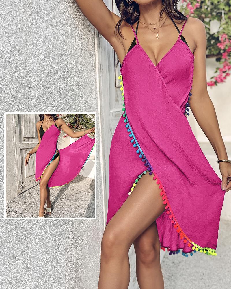 

Vestido midi sin mangas con escote en V profundo y tirantes finos con decoración de pompones y diseño entrecruzado, Hot pink