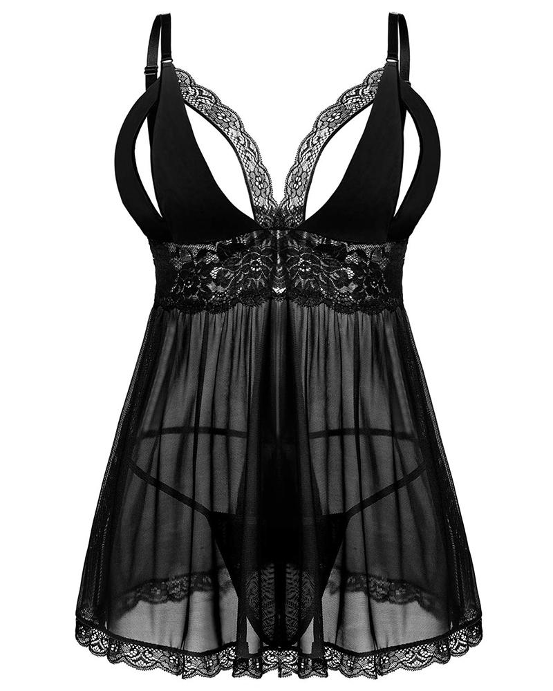 

Plus Size Sheer Mesh Lace Patch Babydoll With Panty, Black