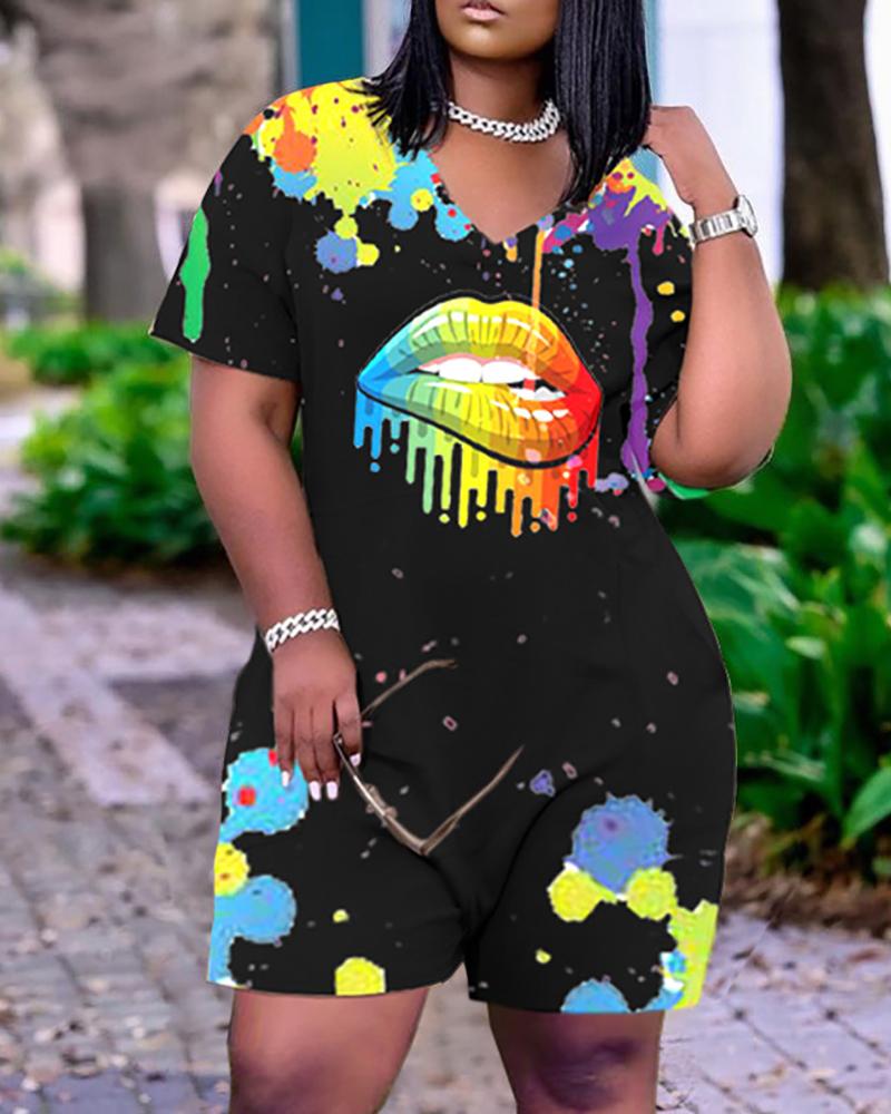 

Pocket Design Lip Print Colorblock Short Sleeve Romper, Black