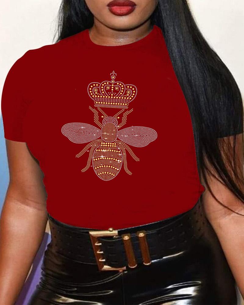 

Plus Size Rhinestone Queen Bee Crown Casual T-shirt, Wine red