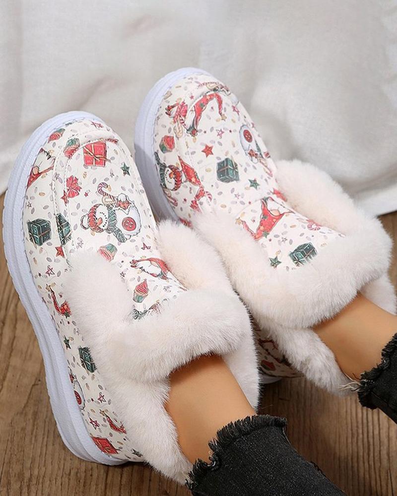 Christmas Fuzzy Trim Graphic Print Snow Boots