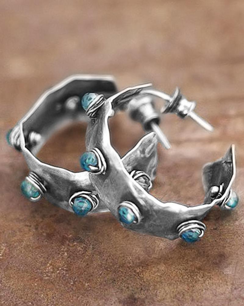 

1Pair Vintage Bohemian Faux Turquoise Hoop Earrings, Silver