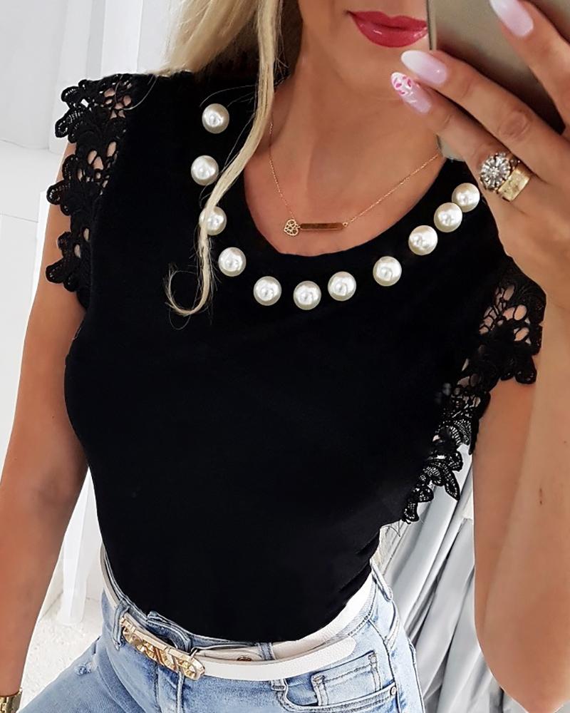 

Contrast Lace Pearls Decor Sleeveless Top, Black