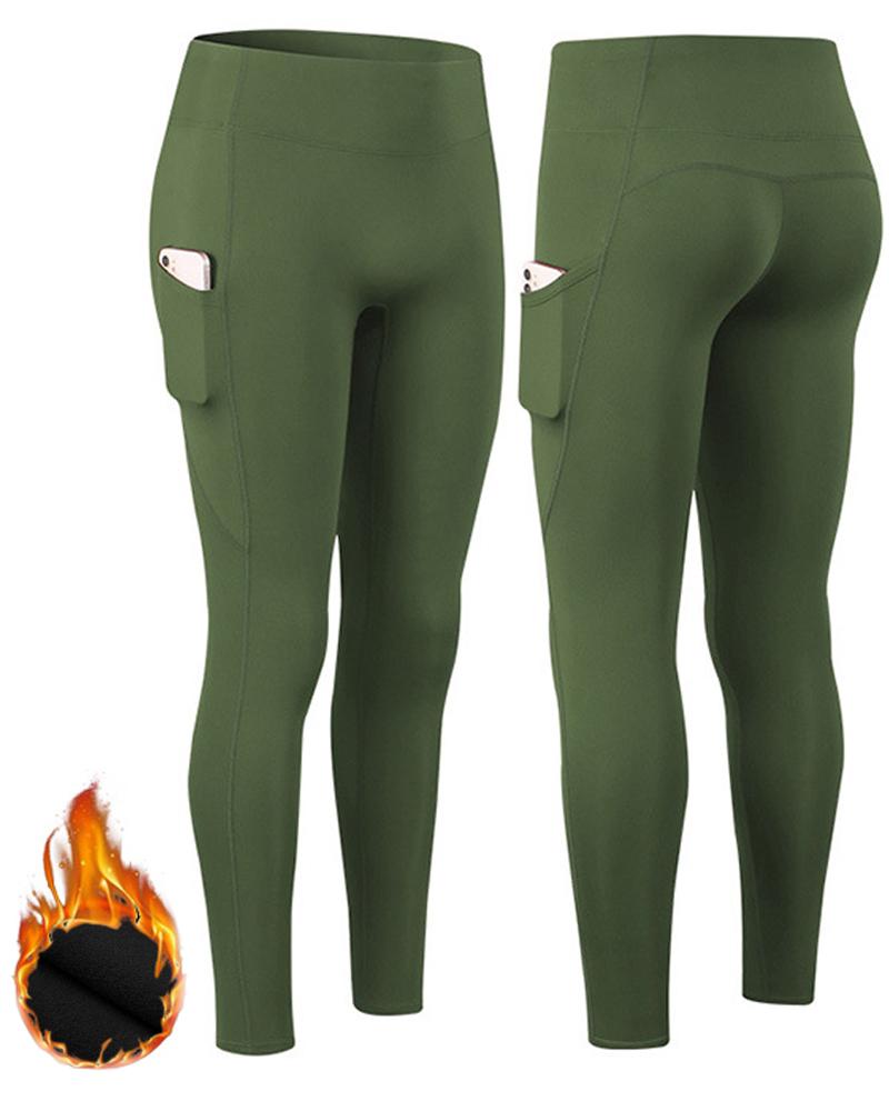 

Pocket Design High Waist Butt Lift Fleece Lined Yoga Pants, Green