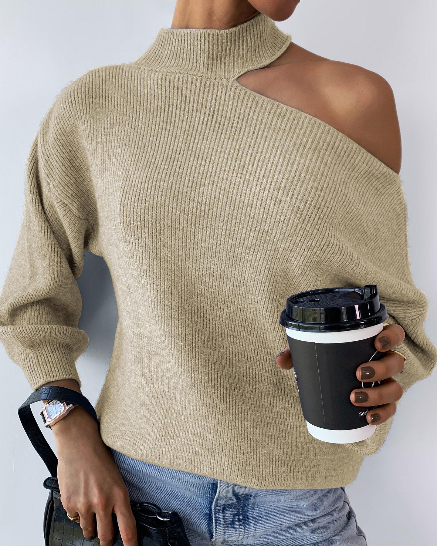 

One Shoulder Knit Long Sleeve Sweater, Beige