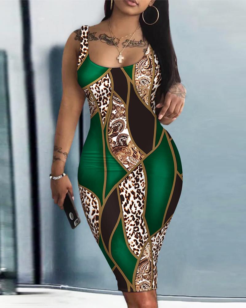 

Baroque Leopard Print Sleeveless Bodycon Dress, Green