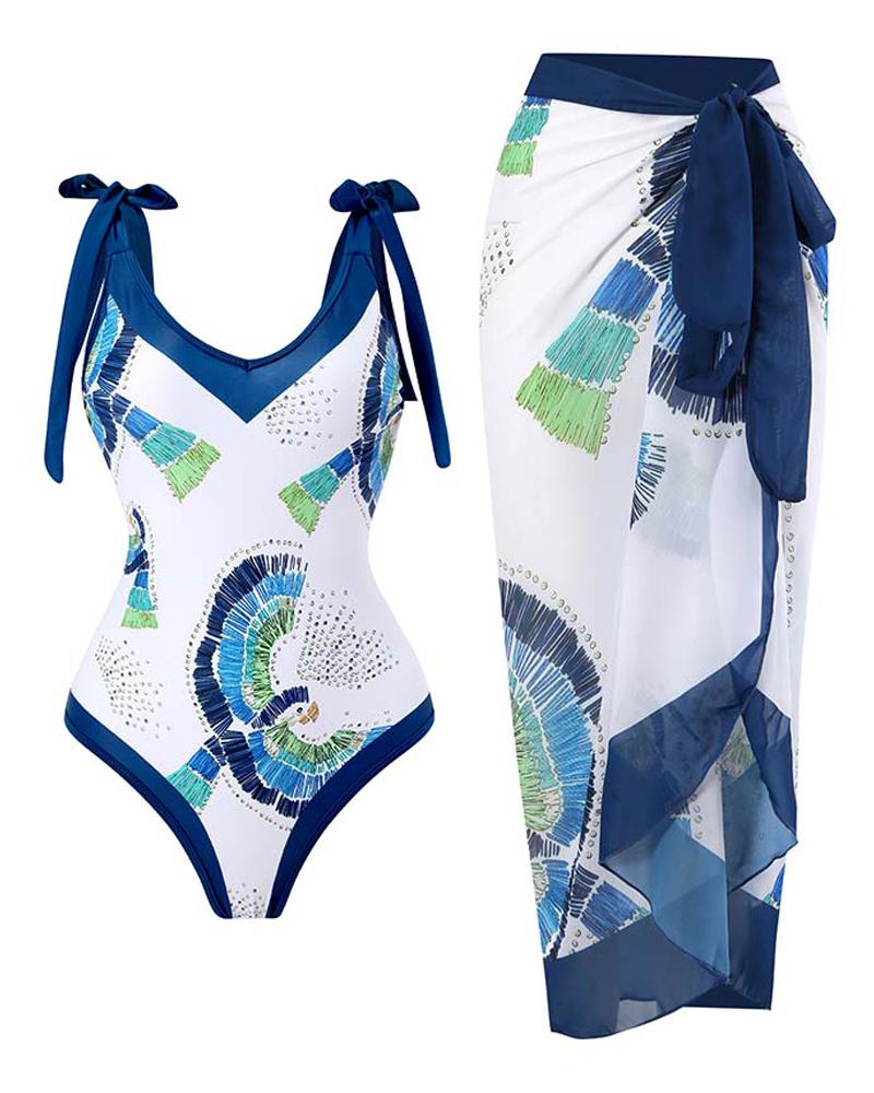 

Geometric Print One-Piece Swimsuit With Cover Up, Blue