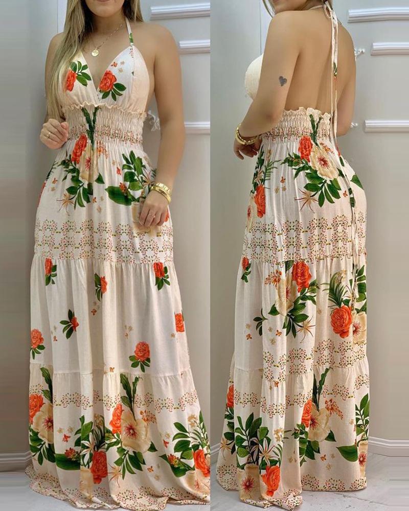 

Halter Backless Floral Print Shirring Maxi Dress, Apricot