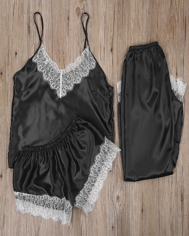 

Contrast Lace Cami Top & Shorts PJ Set, Black