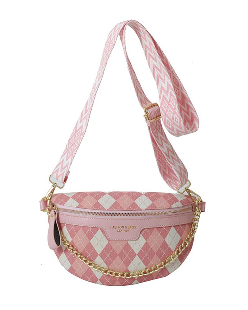 

Chain Decor Zipper Design Crossbody Bag Argyle Fanny Pack, Pink