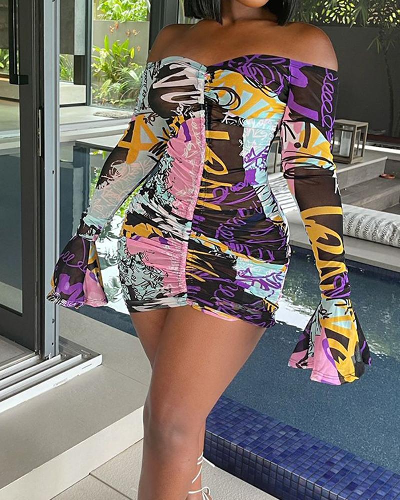 

All Over Print Flared Sleeve Ruched Bandeau Mini Dress, Multicolor