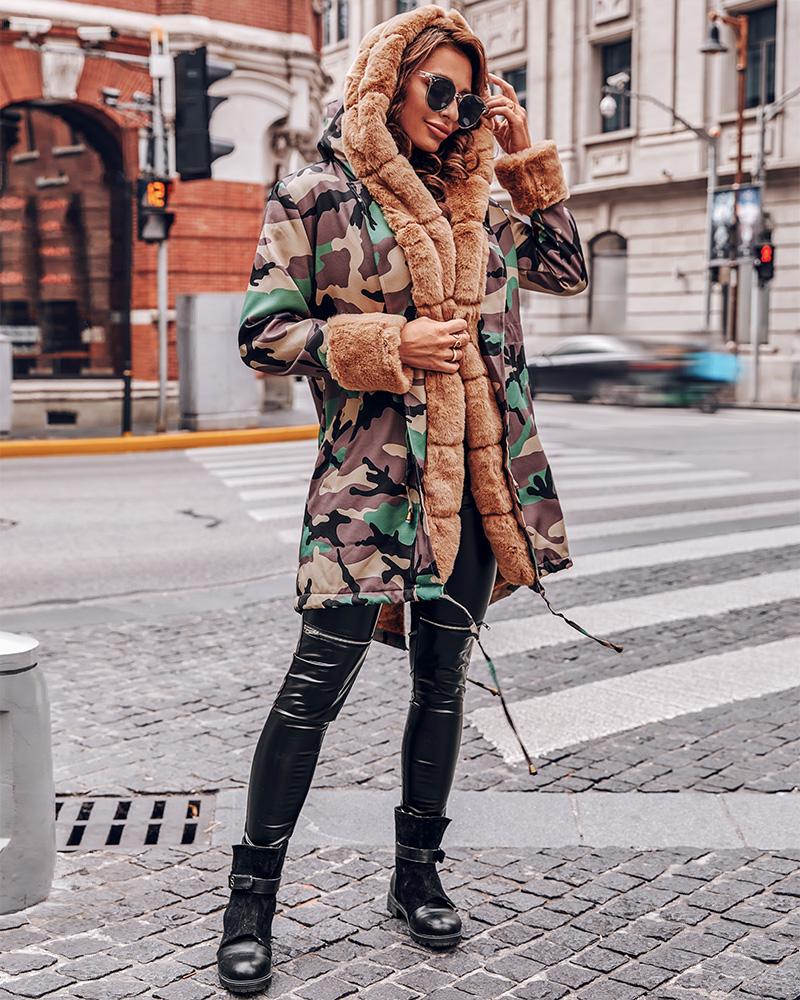 

Faux Fur Patch Camouflage / Plain Hooded Parka Coat, Army green