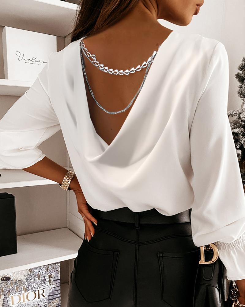 

Chain Decor Draped V-Back Long Sleeve Top, White